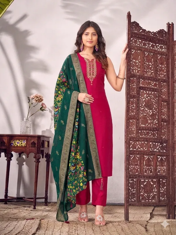 Pink_Green_Silk_Embroidered_Kurta_Set_With_Floral_Dupatta_For_Women