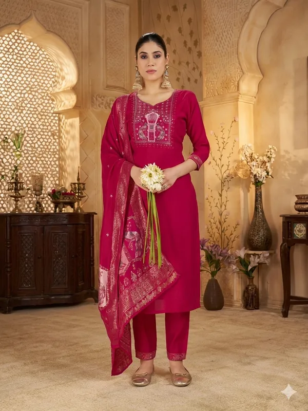 Magenta_Modal_Silk_Embroidered_Straight_Kurta_Set_For_Women