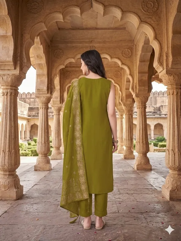 Olive_Green_Silk_Sleeveless_Embroidered_Kurta_Set_With_Dupatta_For_Women
