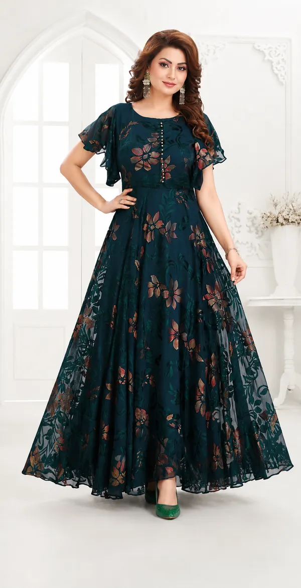 Teal_Green_Silk_Floral_Printed_Flutter_Sleeve_Anarkali_Gown_For_Women