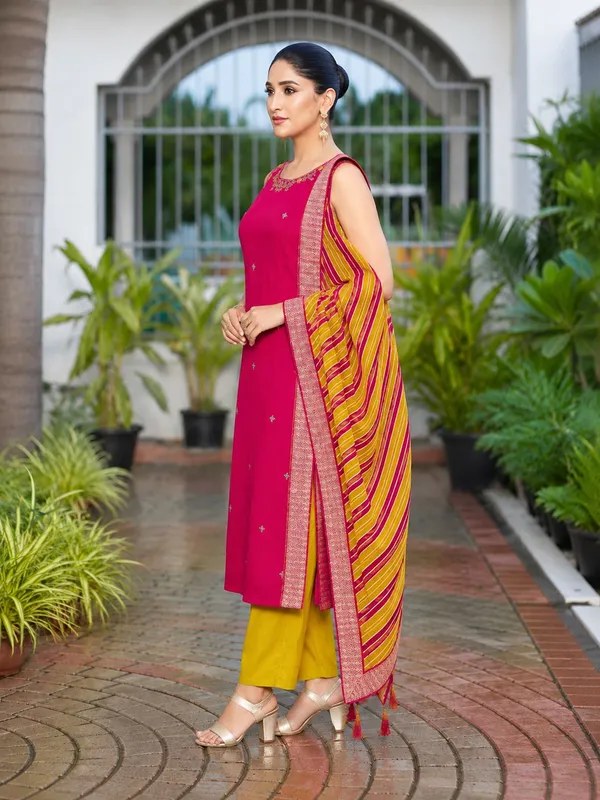 Pink_Cotton_Silk_Embroidered_Kurta_Set_With_Striped_Dupatta_For_Women