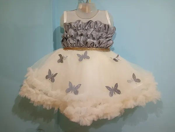Grey_And_Peach_Pal_Net_Fabric,_Inner_Material_Cotton_Dress_For_Girls