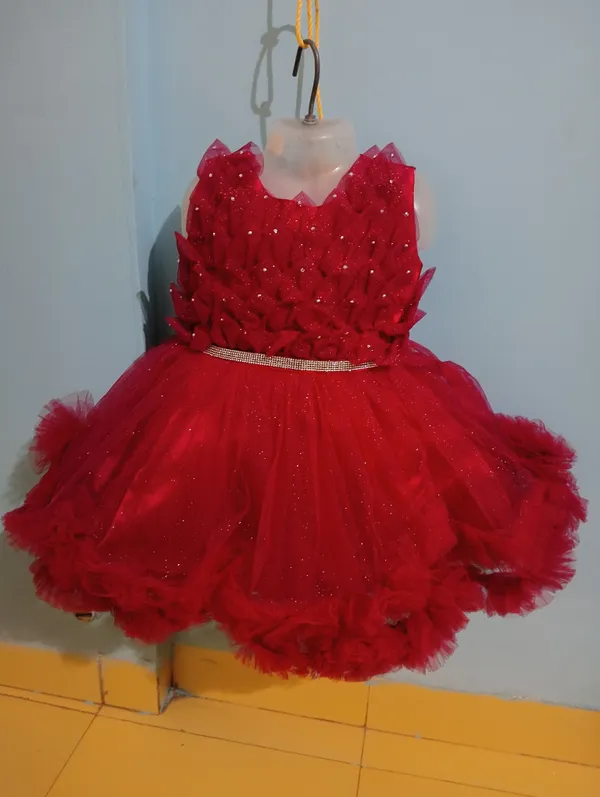Red_Sparkle_Net_Fabric,_Inner_Material_Cotton_Dress_For_Girls