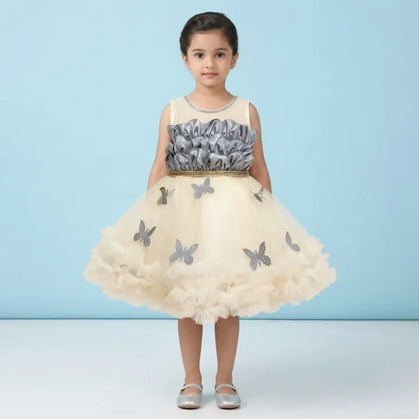 Grey_And_Peach_Pal_Net_Fabric,_Inner_Material_Cotton_Dress_For_Girls
