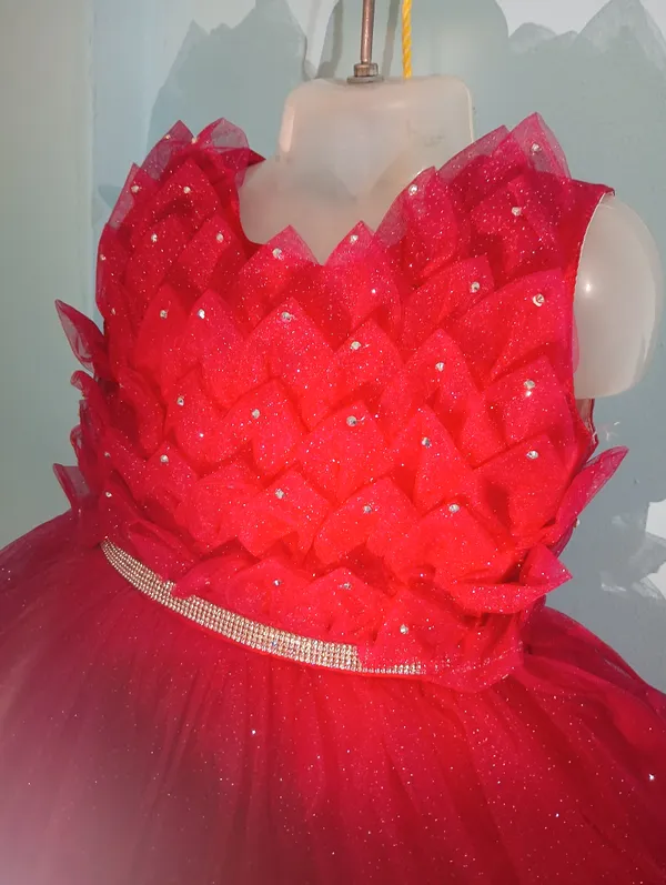 Red_Sparkle_Net_Fabric,_Inner_Material_Cotton_Dress_For_Girls
