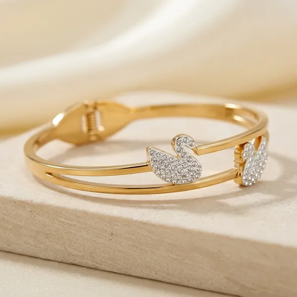 Gold_Crystal_Swan_Motif_Open_Cuff_Bracelet_For_Women