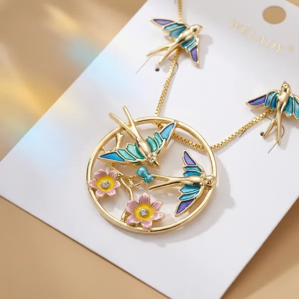 Gold_Enamel_Butterfly_Floral_Pendant_Necklace_Set_For_Women