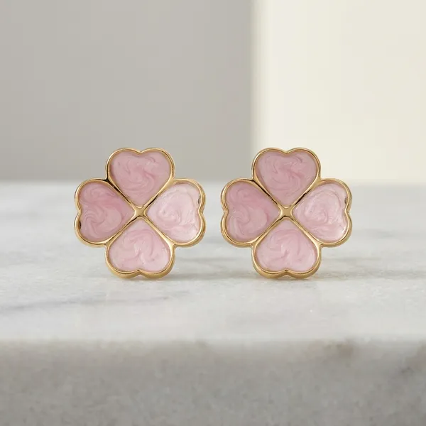 Pink_Enamel_Gold_Tone_Floral_Stud_Earrings_For_Women