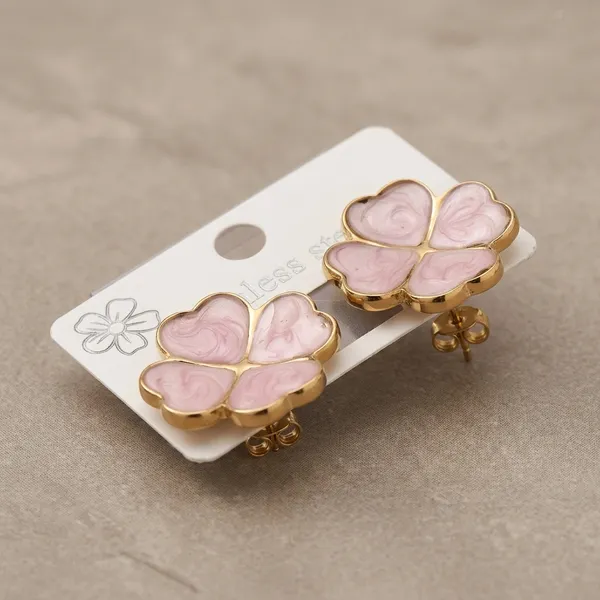 Pink_Enamel_Gold_Tone_Floral_Stud_Earrings_For_Women