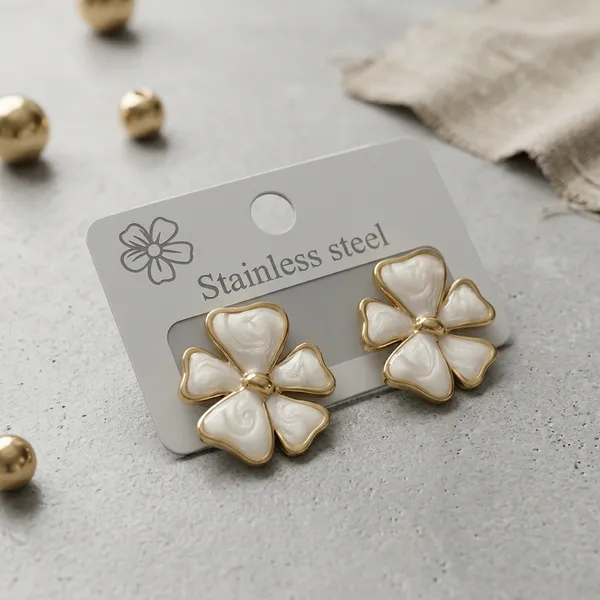 White_Enamel_Gold_Tone_Floral_Stud_Earrings_For_Women