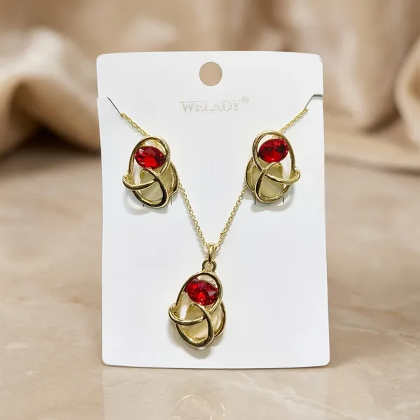 Gold_Red_Stone_Pendant_Necklace_And_Earrings_Set_For_Women