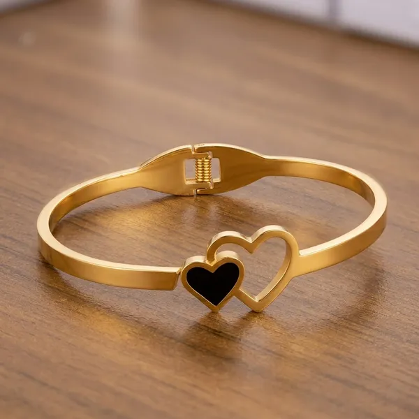 Gold_Black_Enamel_Double_Heart_Bangle_Bracelet_For_Women