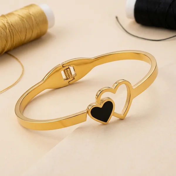 Gold_Black_Enamel_Double_Heart_Bangle_Bracelet_For_Women