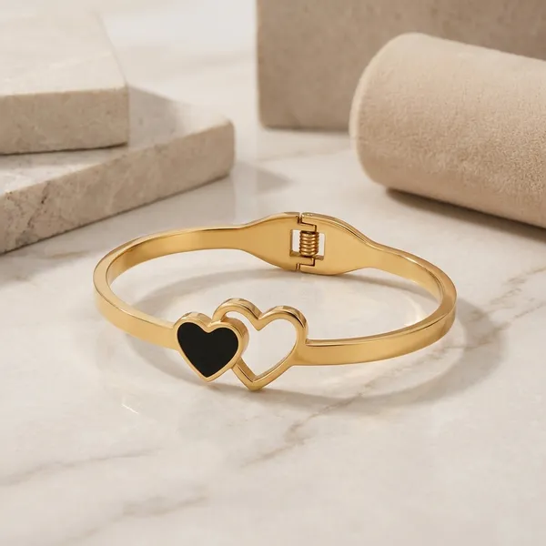 Gold_Black_Enamel_Double_Heart_Cuff_Bracelet_For_Women