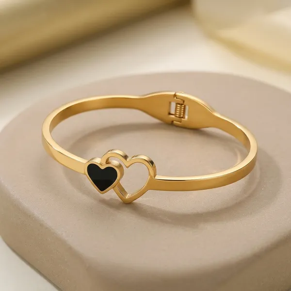 Gold_Black_Enamel_Double_Heart_Cuff_Bracelet_For_Women