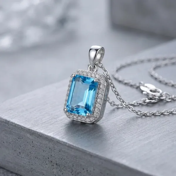 Silver_&_Blue_Topaz_Emerald_Cut_Halo_Pendant_For_Women