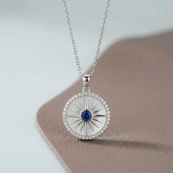 Silver_Stainless_Steel_Sunburst_Blue_Stone_Pendant_For_Women