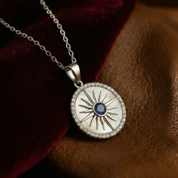 Silver_Stainless_Steel_Sunburst_Blue_Stone_Pendant_For_Women