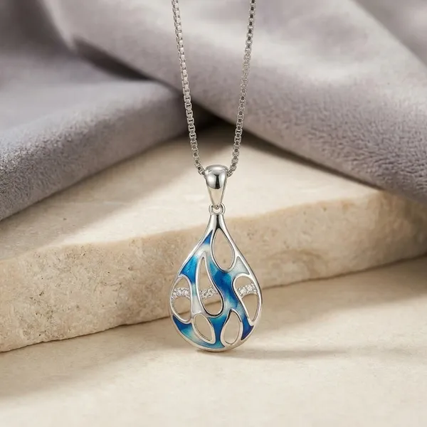 Silver_Sterling_Blue_Enamel_Ocean_Teardrop_Pendant_For_Women
