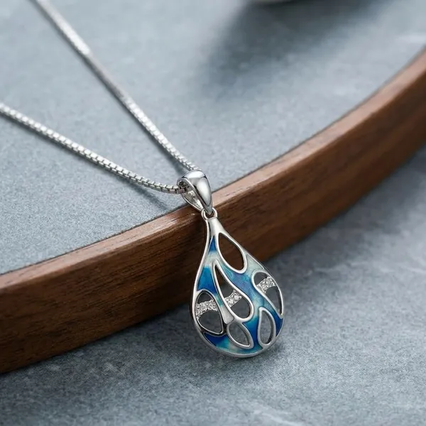 Silver_Sterling_Blue_Enamel_Ocean_Teardrop_Pendant_For_Women
