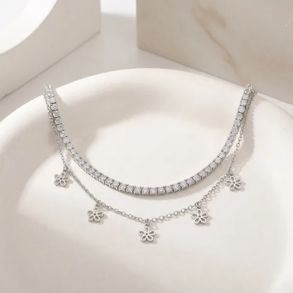 Silver_Sterling_Layered_Flower_Charm_Choker_Necklace_For_Women