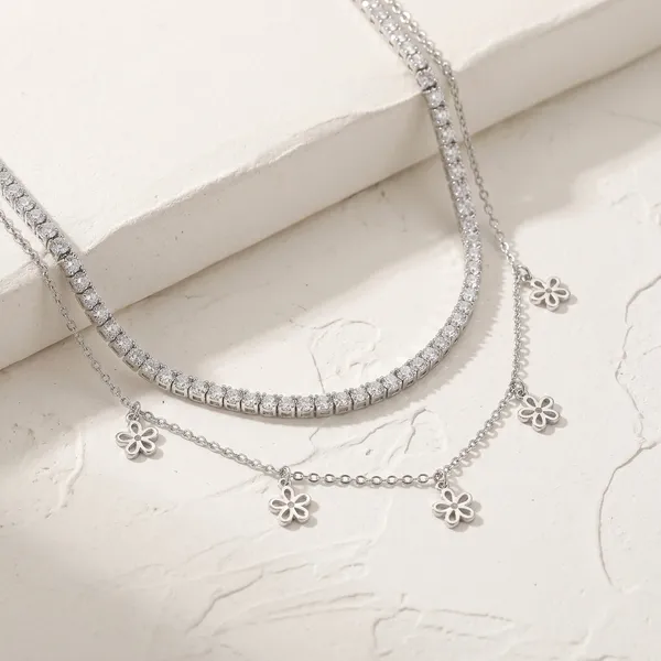 Silver_Sterling_Layered_Flower_Charm_Choker_Necklace_For_Women