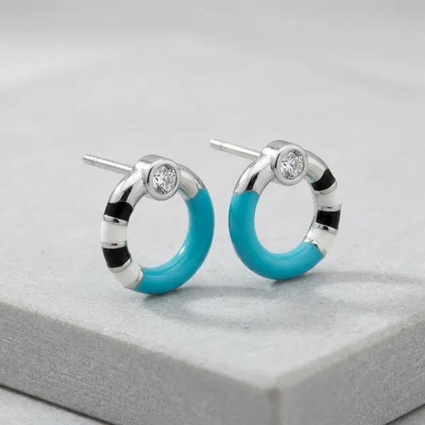 Silver_&_Blue_Enamel_Hoop_Earrings_For_Women