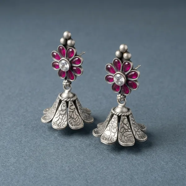 Silver_&_Pink_Sterling_Rhodium_Plated_Stud_Earrings_For_Women