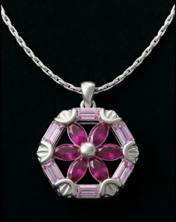 Silver_Pink_Gemstone_Floral_Hexagon_Pendant_with_Chain