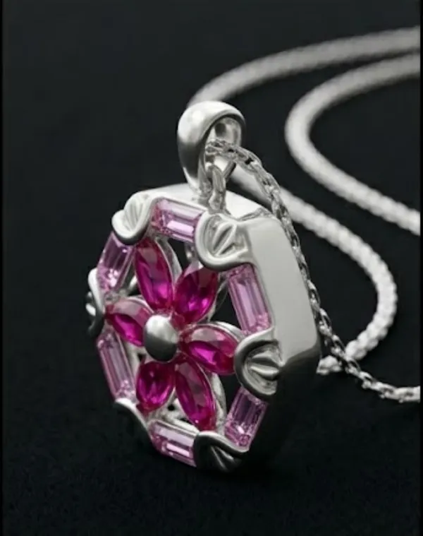 Silver_Pink_Gemstone_Floral_Hexagon_Pendant_with_Chain
