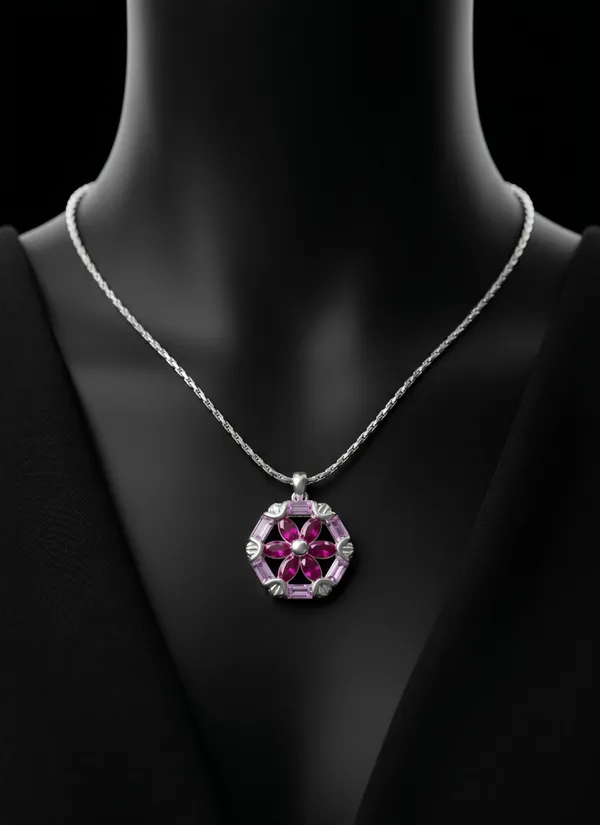 Silver_Pink_Gemstone_Floral_Hexagon_Pendant_with_Chain