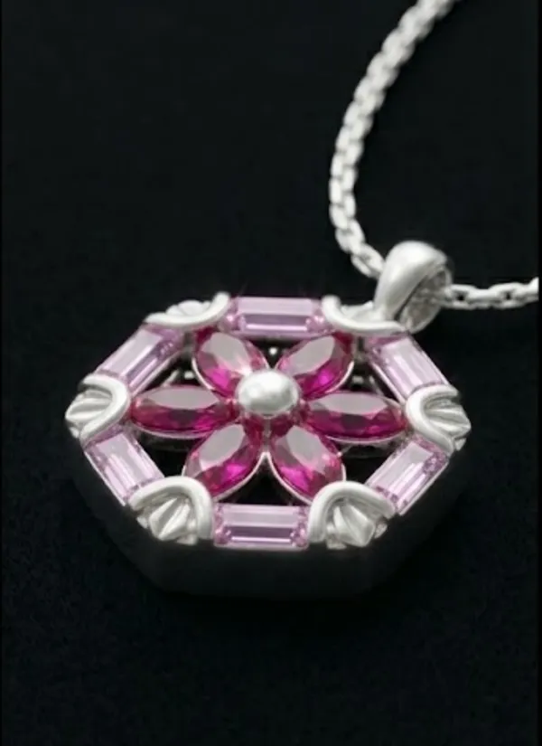Silver_Pink_Gemstone_Floral_Hexagon_Pendant_with_Chain