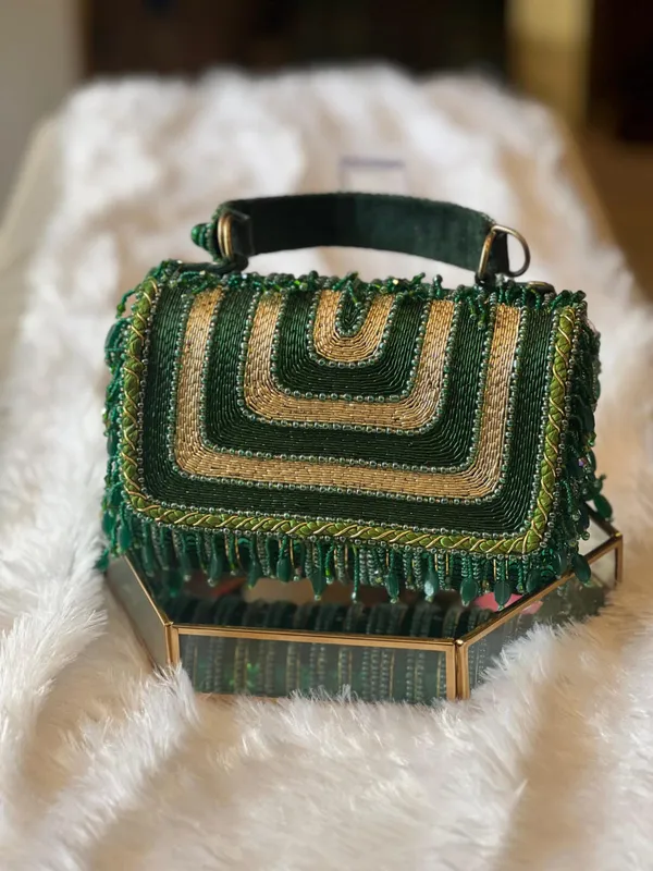 Green_And_Gold_Suede_Embroidered_Beaded_Clutch_Bag_For_Women