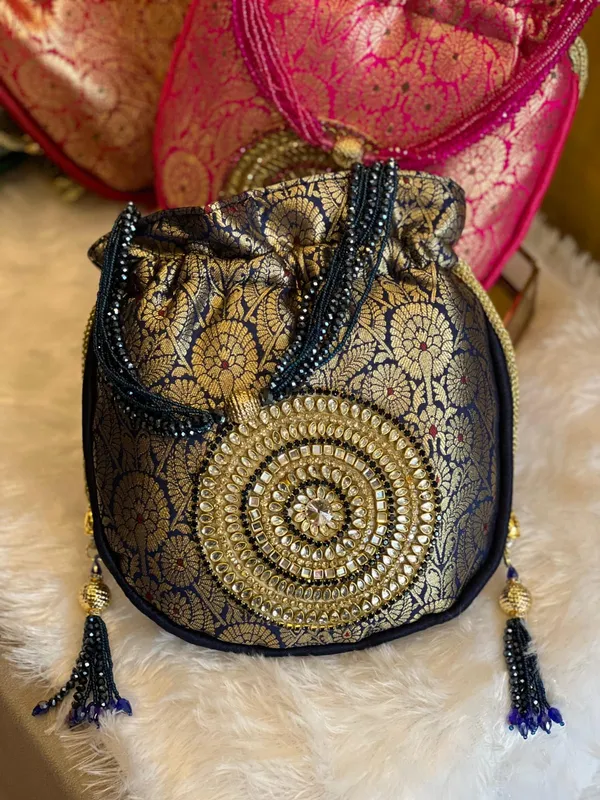 Navy_Blue_Banarasi_Silk_Brocade_Embellished_Potli_Bag_For_Women