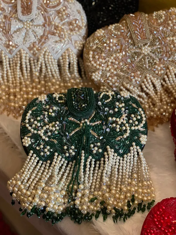 Green_And_Gold_Suede_Pearl_Tassel_Embellished_Clutch_For_Women