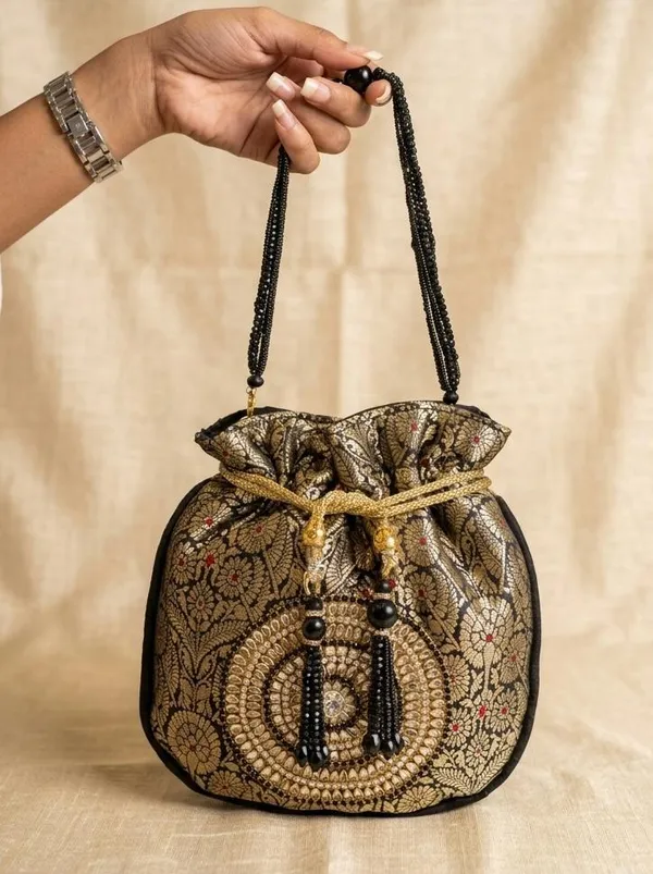 Black_Banarasi_Silk_Brocade_Embellished_Potli_Bag_For_Women