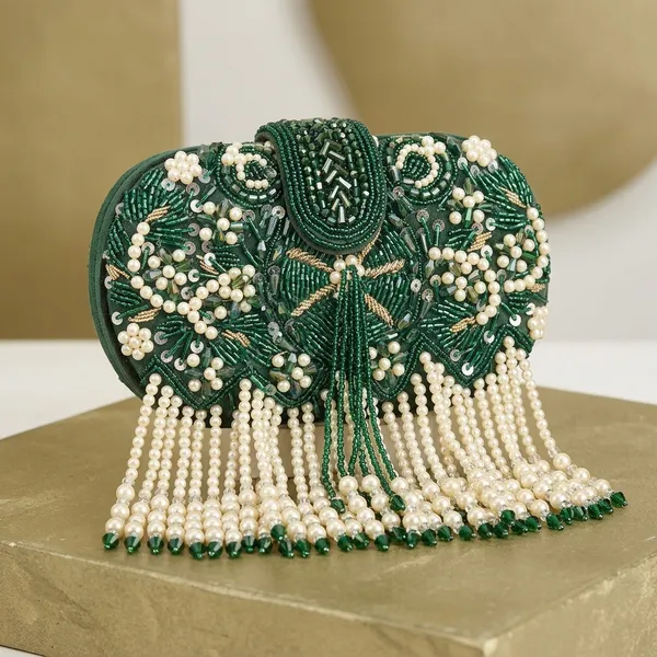 Green_And_Gold_Suede_Pearl_Tassel_Embellished_Clutch_For_Women