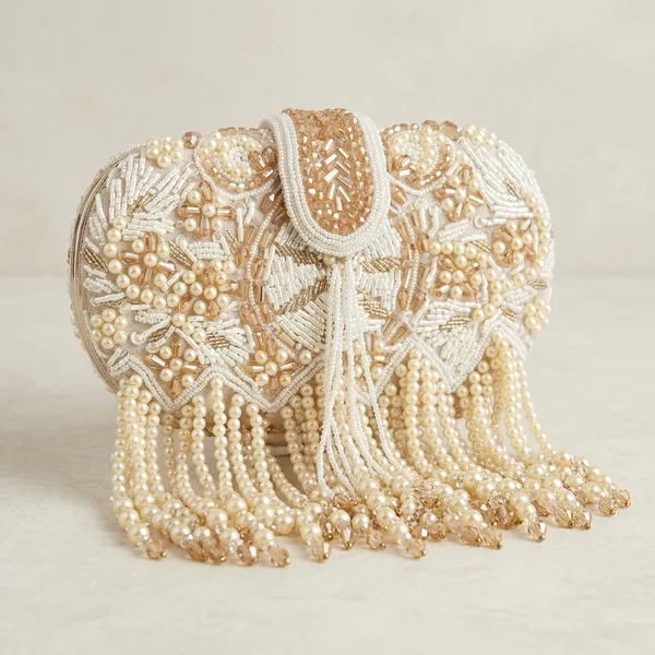 Golden_And_White_Suede_Beaded_Pearl_Tassel_Clutch_Bag_For_Women