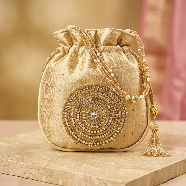 Golden_Banarasi_Silk_Drawstring_Potli_Bag_For_Women