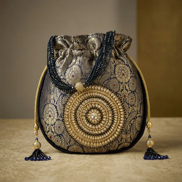 Navy_Blue_Banarasi_Silk_Brocade_Embellished_Potli_Bag_For_Women