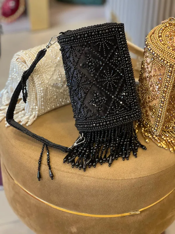 Black_Suede_Beaded_Embellished_Tassel_Clutch_Purse_For_Women