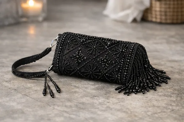 Black_Suede_Beaded_Embellished_Tassel_Clutch_Purse_For_Women