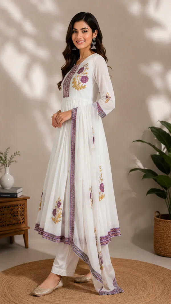 White_And_Purple_Cotton_Embroidered_Anarkali_Kurta_Set_For_Women_Pack_Of_2