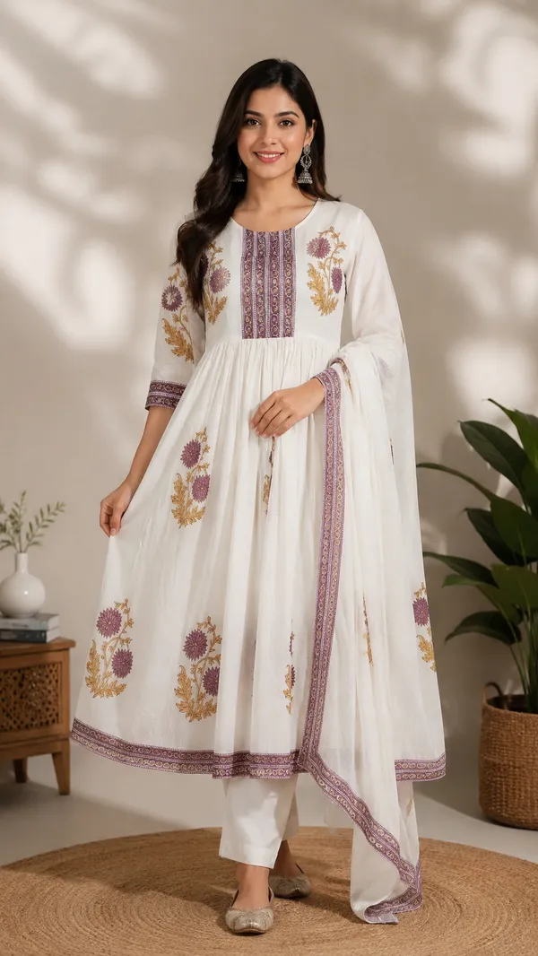 White_And_Purple_Cotton_Embroidered_Anarkali_Kurta_Set_For_Women_Pack_Of_2