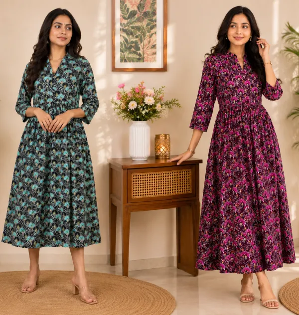 Teal_Green_And_Purple_Cotton_Floral_Print_Anarkali_Kurta_Set_For_Women_Pack_Of_2