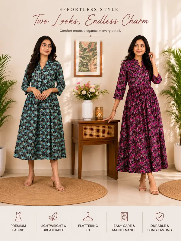 Teal_Green_And_Purple_Cotton_Floral_Print_Anarkali_Kurta_Set_For_Women_Pack_Of_2