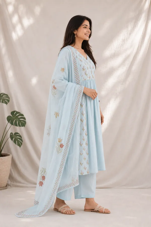 Yellow_And_Sky_Blue_Georgette_Floral_Embroidered_Anarkali_Kurta_Set_For_Women_Pack_Of_2