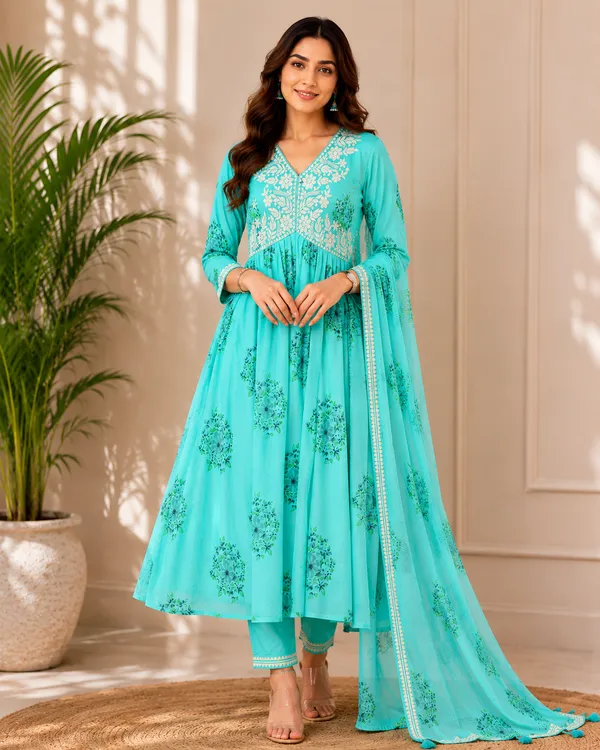 Lime_Green_And_Turquoise_Cotton_Floral_Embroidered_Anarkali_Kurta_Set_For_Women_Pack_Of_2