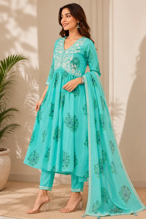 Lime_Green_And_Turquoise_Cotton_Floral_Embroidered_Anarkali_Kurta_Set_For_Women_Pack_Of_2
