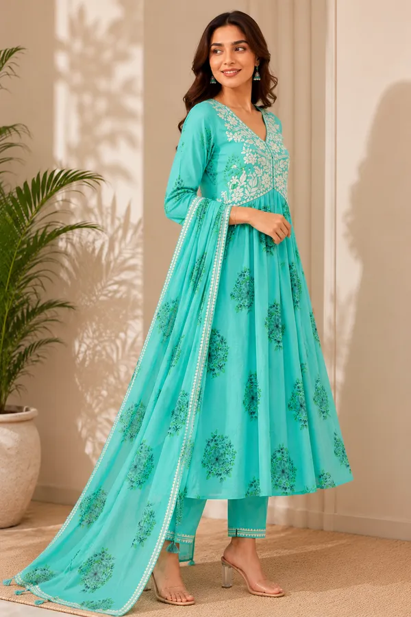 Lime_Green_And_Turquoise_Cotton_Floral_Embroidered_Anarkali_Kurta_Set_For_Women_Pack_Of_2